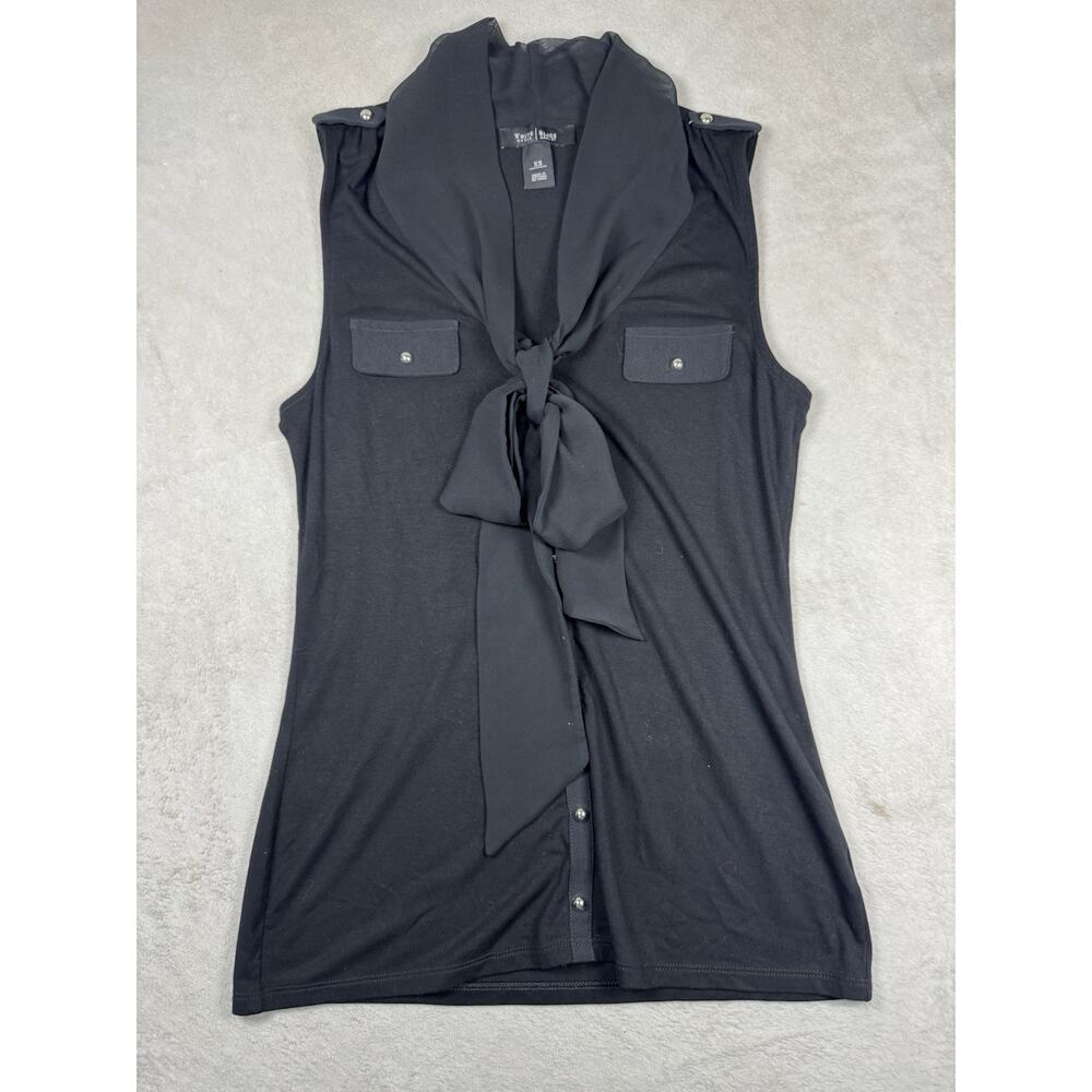 White House Black Market Blouse Womens XS Black Sleeveless Bow Tie Neck Button - Picture 2 of 10